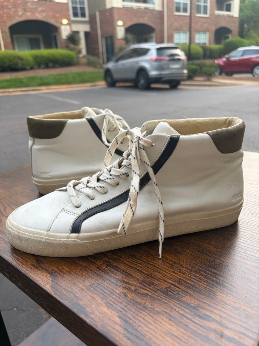 Madewell White High-Top Sneakers with Black Stripe and Olive Collar